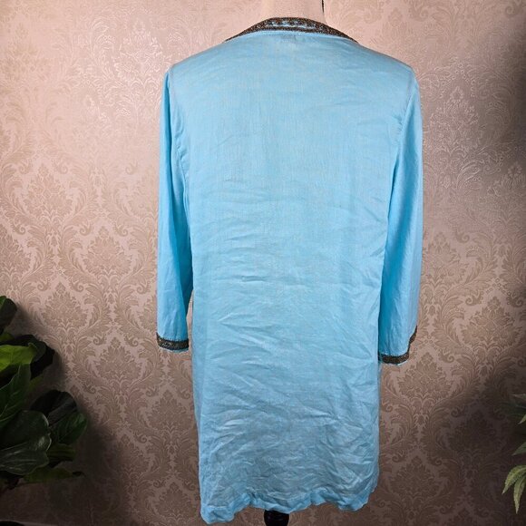 Chico's Size 2 (US Medium) Light Blue Tunic Gold Beaded 100% Linen 3/4 Sleeves - Picture 8 of 13